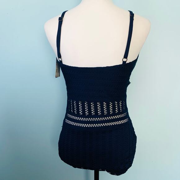NWT Kenneth Cole Navy Tough Luxe High Neck One Piece Swimsuit Size Large - Picture 4 of 7
